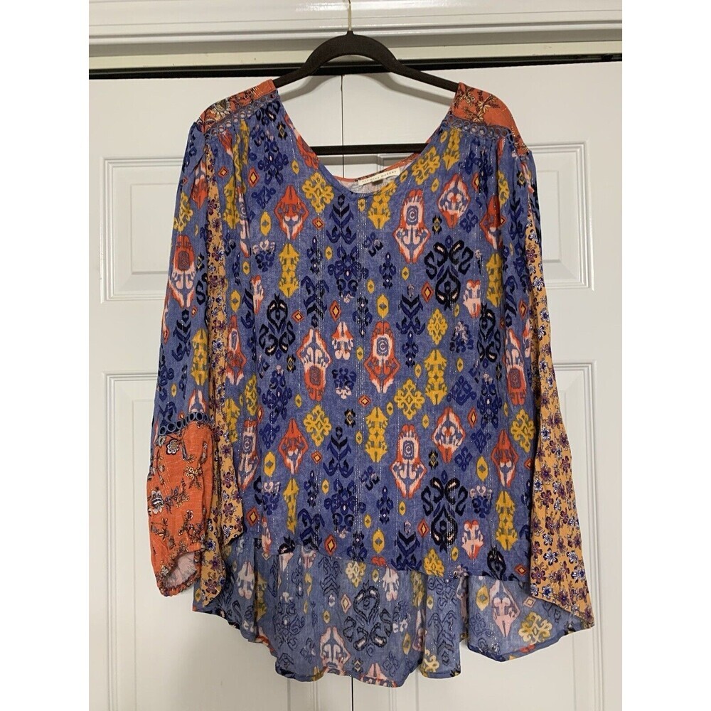 Farmers Market Boho Peasant Hippie Colorfull Multi Print Fabric Top w Sparkle 3X